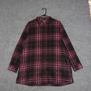 Eddie Bauer Plaid Flannel Shirt Jacket Womens XL Purple Black Snap Front Shacket